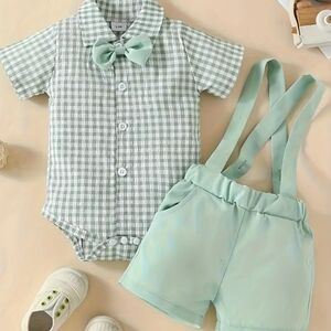 Baby Boy Mint Green Check Bow Romper with Suspenders Shorts 3-6mn